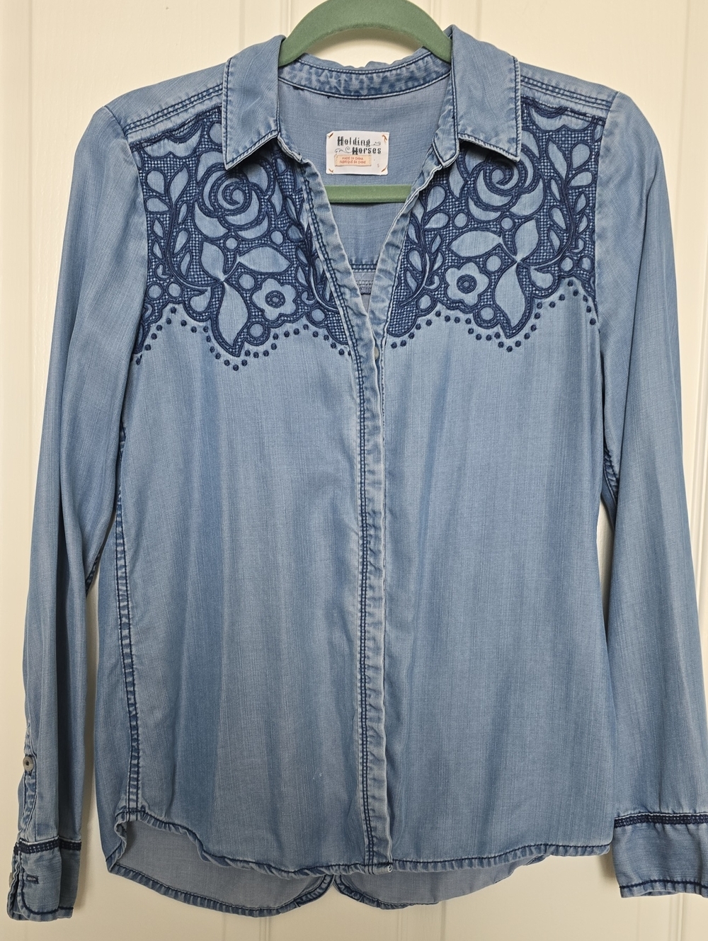 HOLDING HORSES Light Blue Denim Shirt with Navy Lace Yoke